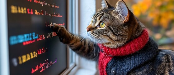A proficient cat dressed in a petite coding instructor vest points at a tiny laptop screen full of small code lines. The all-white context keeps the focus on the digital demonstration. Soft 