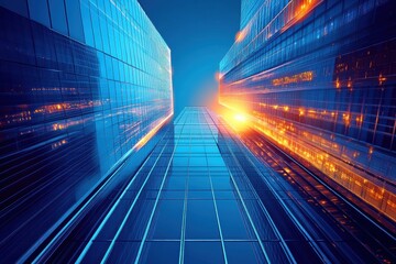 Aufkleber - Futuristic cityscape showcasing tall skyscrapers reflecting vibrant lights at dusk in a bustling urban environment. Generative AI