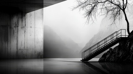Aufkleber - Minimalist black and white staircase design abandoned location abstract art environment tranquil viewpoint contrast concept