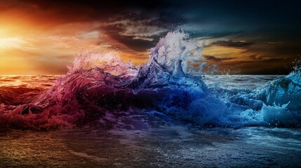 Fototapete - Dynamic ocean waves crashing and retreating at sunset coastal scene nature photography dramatic atmosphere