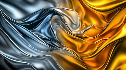 Poster - Dynamic flow of reflective metallic sheen in silver and gold abstract art contemporary style vibrant atmosphere