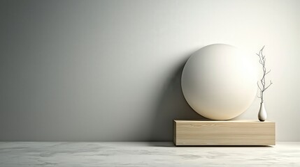 Poster - Minimalist circular sculpture on wooden base indoor space still life calm environment elevated viewpoint art concept