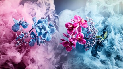 Poster - Soft hazy color dispersion of pink and blue flowers artistic display studio setting ethereal atmosphere