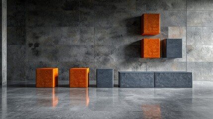 Aufkleber - Modern minimalist interior design with solid blocks urban loft photographic art contemporary style wide angle view
