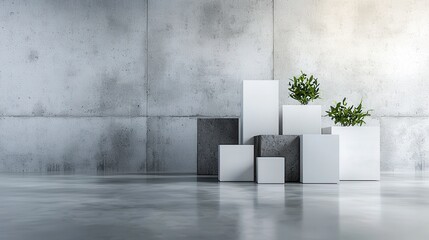 Poster - Modern minimalist display of solid rectangular blocks with green plants contemporary space interior design elegant aesthetic