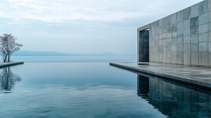 Aufkleber - Tranquil modern architecture serene lakefront reflection image minimalist environment wide-angle view peaceful concept