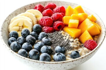 Wall Mural - Oatmeal porridge topped with fresh fruits and chia seeds making a healthy breakfast