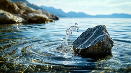 Fototapete - Stone impact creating expanding water ripples serene lake nature photography tranquil landscape close-up fluid dynamics