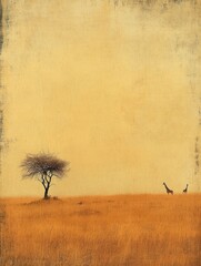 Poster - Lone acacia tree in the African savanna with distant giraffes grazing under a golden sunset sky. Generative AI