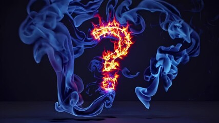 Poster - Glowing fiery question mark pulsating with energy, surrounded by swirling blue and red smoke in a mysterious and dramatic atmosphere