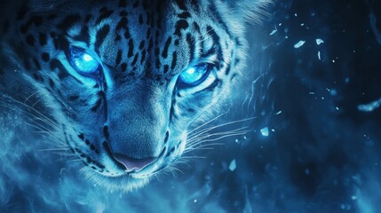 Poster - Majestic snow leopard with glowing blue eyes in a mystical icy environment at twilight. Generative AI