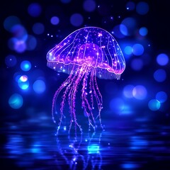 Wall Mural - luminous jellyfish displaying bioluminescence in a deep sea setting with bokeh effect and reflection