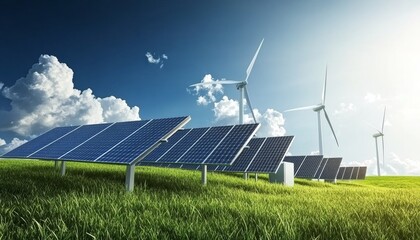 Wall Mural - realistic grass field featuring solar panels, wind turbines, and battery station beneath blue sky