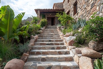 Wall Mural - Stone staircase leading to rustic stone house with lush vegetation