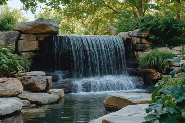 Poster - Serene waterfall cascading over rocks in a lush garden setting during a sunny day. Generative AI