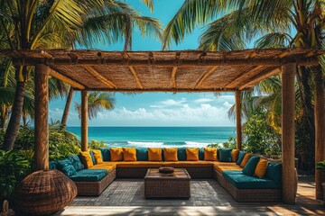 Wall Mural - Relaxing ocean view lounge area with comfortable seating under palm trees