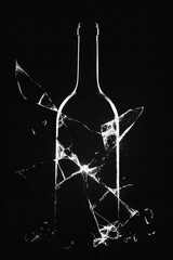 A striking monochromatic silhouette of a wine bottle with shattered glass fragments creating a spider web pattern across the bottle against a pure black background. Generative AI