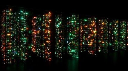 Matrix Style Futuristic Digital Cityscape with Glowing Lights for Data and Information Display