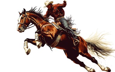 Poster - Cowboy riding bucking horse, dynamic action, open air.  Possible use stock photo