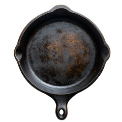 Vintage rustic cast iron skillet pan empty transparent background top view cooking utensil