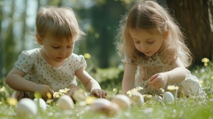 Two little girls playing with easter eggs and flowers in spring meadow