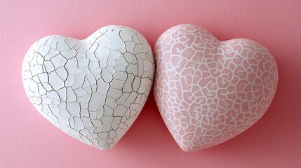 Canvas Print - Two decorative hearts, one white cracked, one pink patterned, on pink background.