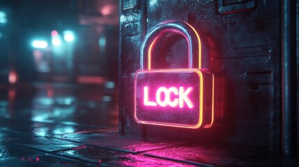 Wall Mural - A glowing neon padlock with the word 'LOCK' on a futuristic background.