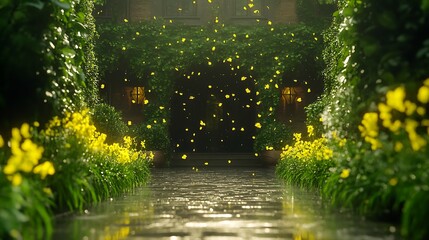 Wall Mural - Serene Garden Pathway with Glowing Leaves Illuminating Tranquil Environment and Lush Greenery Design