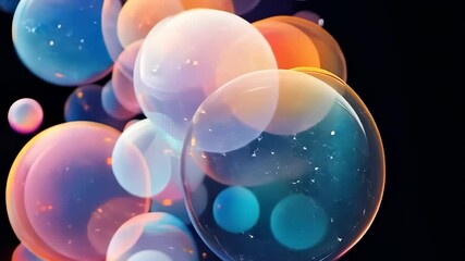 Wall Mural - Colorful translucent spheres floating, dark background, abstract design, website banner