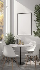 Wall Mural - Empty poster frame mockup in scandinavian dining room with minimalist decor and natural light