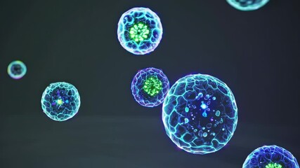 Aufkleber - Glowing biological cells with vibrant energy cores, creating a futuristic and microscopic sci-fi atmosphere