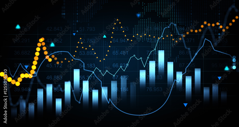 Financial graph with bar charts and trend lines on dark background. 3D ...