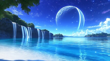 Canvas Print - Serene Waterfall Beach and Large Moon Fantasy Scene Landscape with Stars and Tranquil Waterscape View