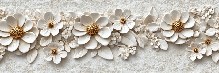 Canvas Print - Elegant White Clay Flower Arrangement with Gold Centers, Textured Petals on White Background