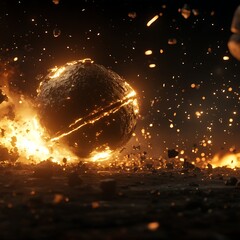 Wall Mural - shattered sphere amidst cosmic fire and scattered debris an energetic display of destruction