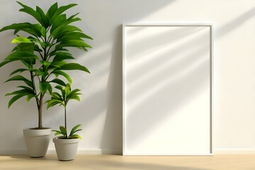 Wall Mural - 3D Render White Frame Mockup with Plants