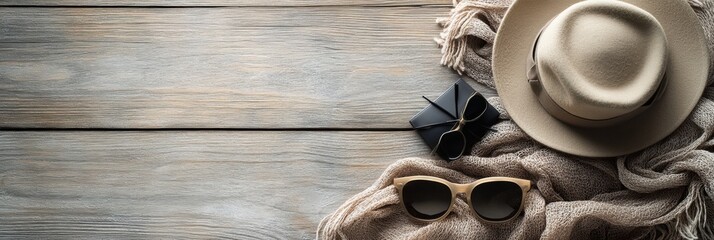 Leinwandbilder - Fashion accessories displayed elegantly on a rustic wooden table featuring hats, scarves, and sunglasses. Generative AI