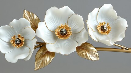 Canvas Print - Elegant Bouquet Delicate White Sculpted Blossoms with Gold Stem, Modern Art, Minimalist Decoration