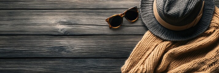 Aufkleber - Fashion accessories displayed on a wooden table featuring hats, scarves, and sunglasses for seasonal style inspiration. Generative AI