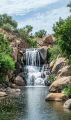 Poster - Discovering a serene waterfall cascading into a tranquil pool surrounded by lush greenery and rocky landscapes. Generative AI