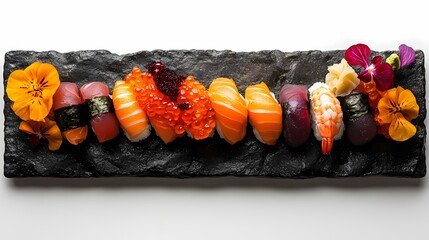 Wall Mural - top-down flat lay photo of an elegant sushi, Nigiri with salmon, shrimp, and scallop, placed on a black stone plate.