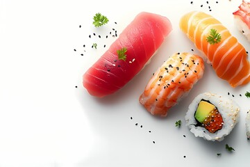 Wall Mural - variety of sushi set, nigiri, rolls, sashimi, maki on white background. Top view, flat lay photo. food decoration by food stylist. close up