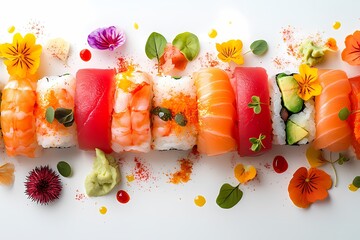 Wall Mural - variety of sushi set, nigiri, rolls, sashimi, maki on white background. Top view, flat lay photo. food decoration by food stylist. close up