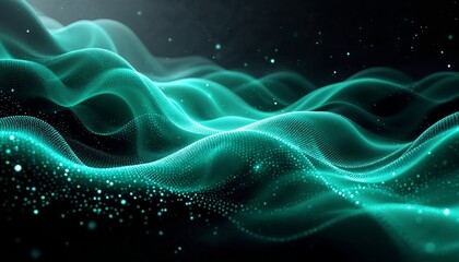 Wall Mural - emerald digital landscape, abstract waveform of data and light particles