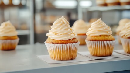 Wall Mural - Delicious vanilla cupcakes with creamy frosting on display