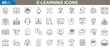 © Kashif - E-learning icons set. Vector illustration for online education, digital learning platforms, virtual classrooms, distance learning, web based training, mobile education apps and more