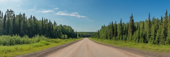 Poster - Straight road leads into a lush forest under a clear blue sky in a serene outdoor landscape. Generative AI