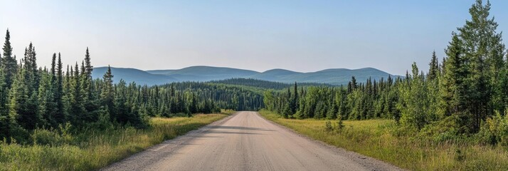 Aufkleber - Straight road winding through a dense green forest with mountains in the distance during a clear day. Generative AI