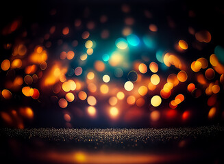 Wall Mural - blurred background with bokeh lights in orange, blue, and green creates a festive, magical atmospher