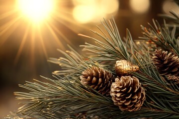 Wall Mural - Pine branches adorned with pine cones and golden ornament under sunlight during the holiday season